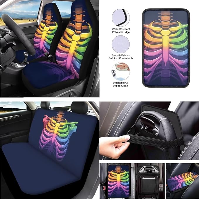 Rainbow Skull Pattern 13 Piece Car Seat Covers for Women Men LGBT Skeleton Print Steering Wheel Cover/Halloween Skulls Cup Coasters Seat Belt Pads Cover,Coasters