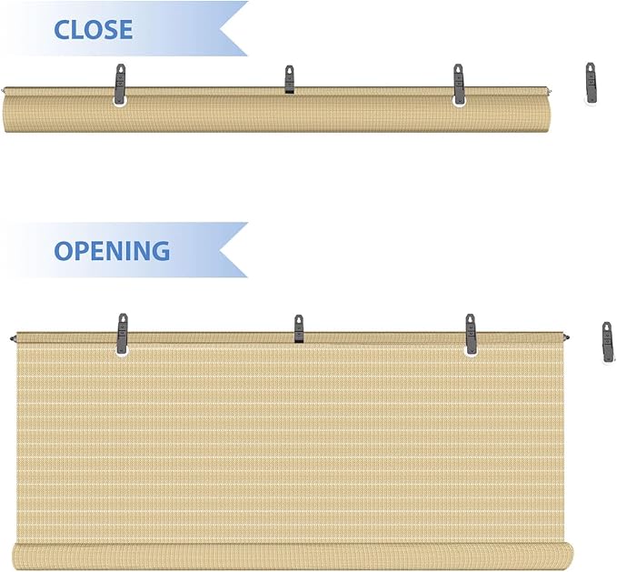 E&K Sunrise 5'W x 14'H Roll Up Shade Outdoor Hollow Out Roller Blind Sun Shade for Patio Porch Backyard Gazebo Deck Pergola (Beige)