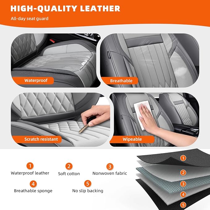 Universal 2-Seater Waterproof Breathable Nappa Leather Car Seat Covers Full Set, Compatible with Toyota Corolla Camry, Lexus LS400, Nissan Murano Rogue, Fit Front Seats Most Sedans SUV- Gray