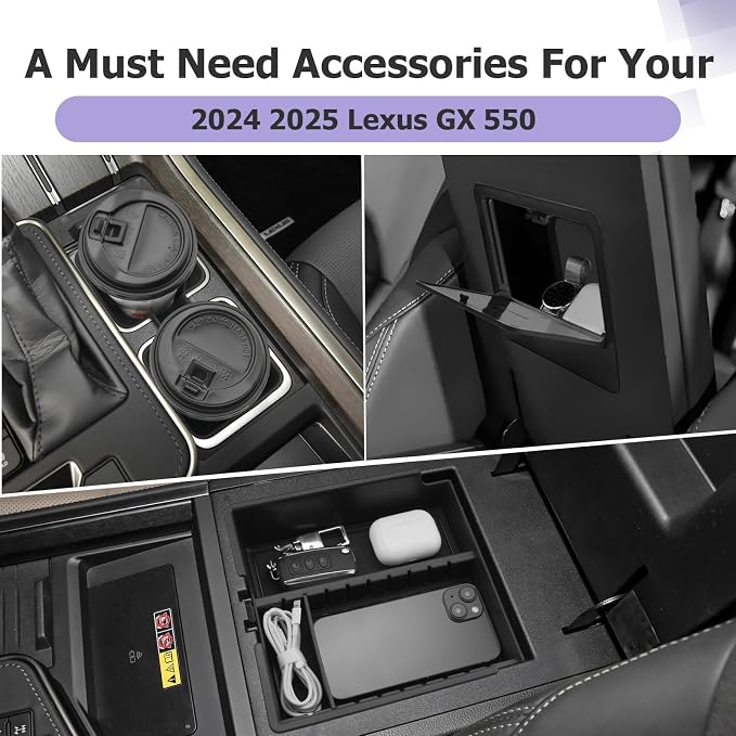 LUWU Center Console Organizer for 2024 2025 2026 Lexus GX 550 Accessories Hidden Box, Armrest Storage Box, Center Console Cup Holder GX 550 Accessories 2025 2026 3-Pack (NOT FIT COOL BOX)