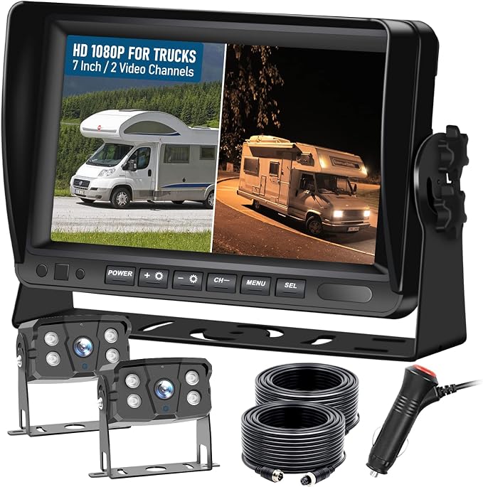 VEKOOTO Dual RV Backup Camera System 7-inch AHD 1080P Split Screen Monitor Wired Rear View Camera with IP69 Waterproof Recording IR Night Vision for Truck Camper Tractor Trailer N72