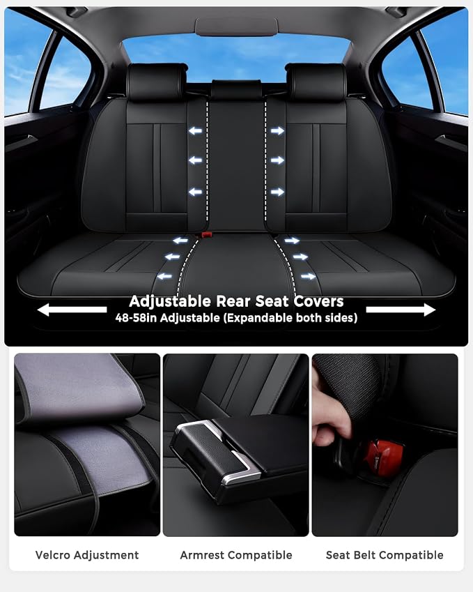 Huidasource Car Seat Covers Full Set Luxury Nappa Leather, Seat Cover with Velcro Adjustable, Airbag, Lumbar Support, Cooling and Heating, Car Seat Covers Universal Fit for Most Cars SUV Trucks, Black