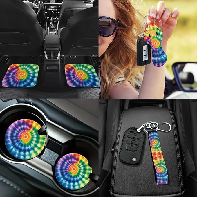 Tie Dye Car Cover Seats Full Set with Vehicle Front Rear Carpets Mats Seat Belt Cover Pad Steering Wheel Cover Lipstick Holder Keychain Rainbow Tie Dye Car Accessories Set 17Pcs for Women Man