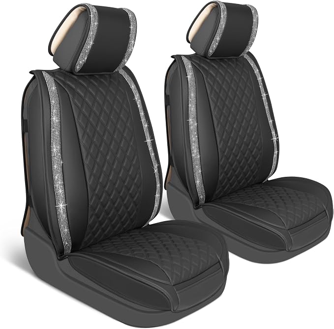 BlingStitch™ Car Seat Covers for Front Seats - Luxurious Black Vegan Leather Seat Covers for Cars with Clear Bling Crystals, Premium Automotive Seat Covers for SUV, Trucks, Car Bling Luxury