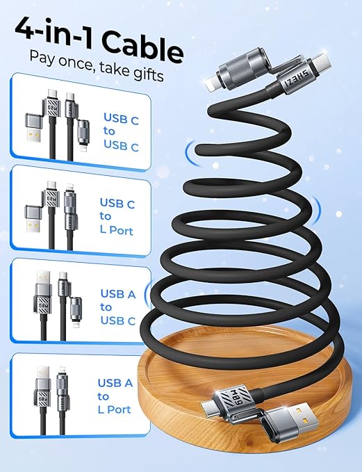 Coiled Black Cable 4-in-1 USB C Cable 60W Compatible with Lightning Cable Fast Charging & Data Transfer, Support to CarPlay & Android Auto, 5FT Multi Cord Combo Charger for iPhone/iPad