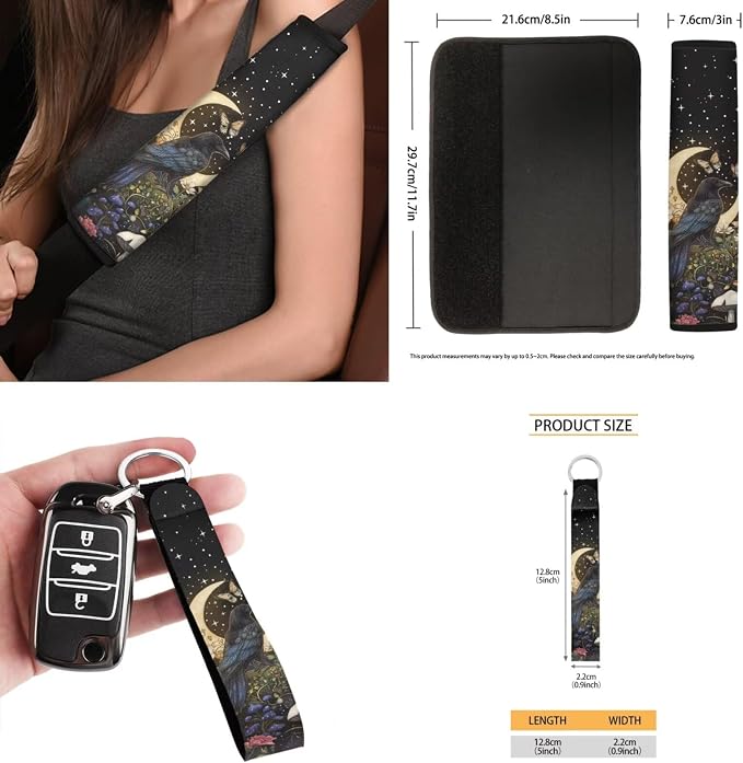 Moon Crow Seat Covers for Cars Full Set Universal Seat Covers Front and Back with Steering Wheel Cover Seatbelt Covers Car Coasters Trash Can Rearview Mirror Cover Keychain