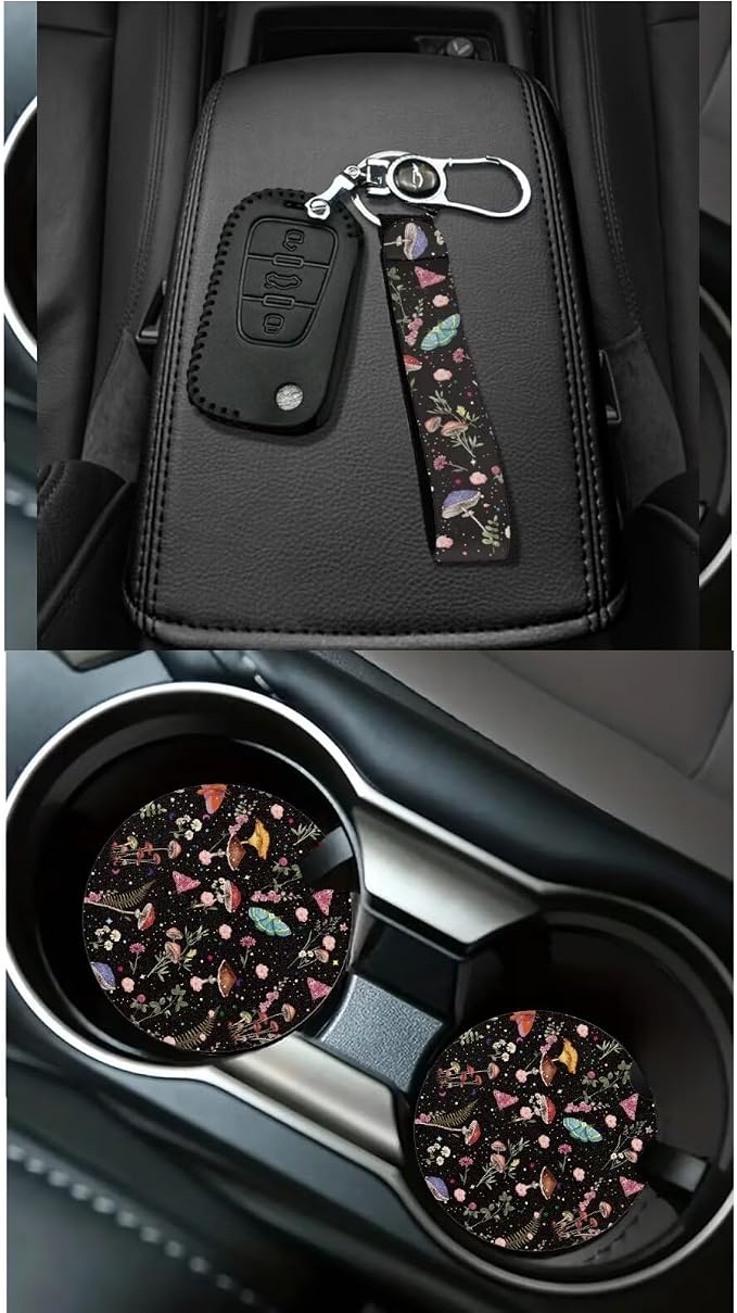 Dreaweet Mushroom Car Seat Covers Full Set for Women Cute Car Accessories Interior Car Steering Wheel Cover Seatbelt Covers Trash Bin Rear View Mirror Cover Cup Holders Keychain Air Vent Storage Pouch