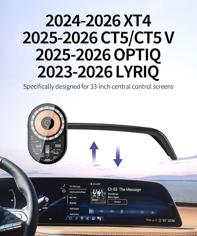 Wireless Charging Car Phone Holder for Cadillac Lyriq 2023-2025 / Optiq 2025 / XT4 2024-2025 / CT5 2025, 33" Screen Fixed Clip, 360° Rotation Car Phone Mount Compatible with MagSafe