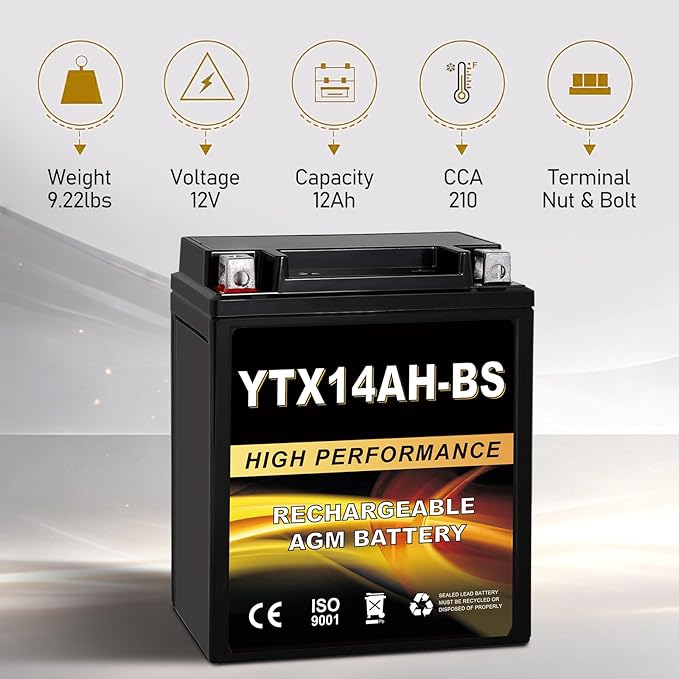 YTX14AH-BS 12V 12Ah AGM Sealed Motorcycle Battery, Maintenance-Free, Compatible with Polaris Sportsman 570, Trail Blazer 250, Ranger 400 500, Suzuki King Quad 300, QuadRunner 250