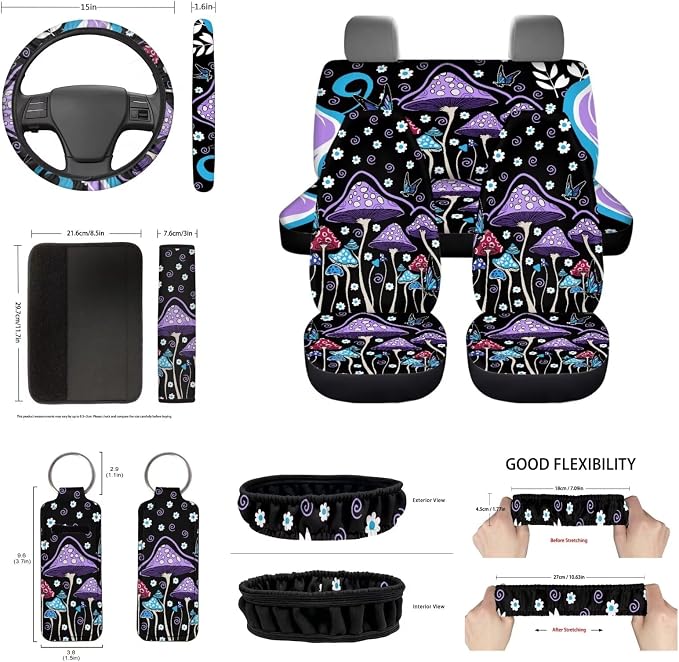 Abstract Hippie Mushroom Purple Auto Seat Cushion Decor Accessory with Coaster,Seatbelt Pad Car Car Rear View Mirror Cover,15Inch Steering Wheel Cover,Gear Shift Knob Handbreak Pads