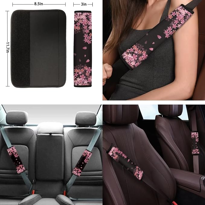Suobstales Cherry Blossoms Car Front Back Bench Bucket Seat Protectors Full Set for Women Floral Steering Wheel Cover +Seat Belt Cover+ Flower Print Cup Holder Coaster+ Keychain
