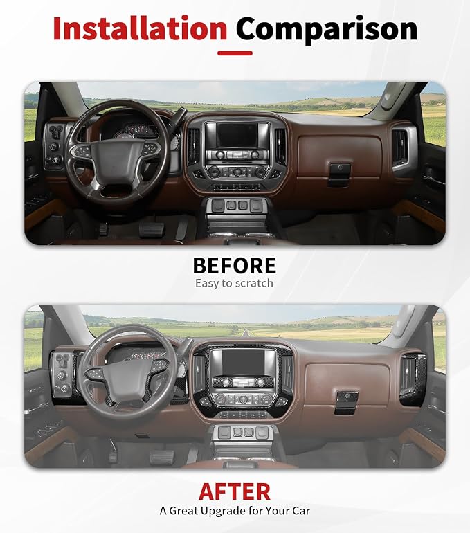 JWWY Interior Trim Kit Compatible with 2014–2017 Chevy Silverado & GMC Sierra, Center Console Dashboard Passenger Side Glove Box & Push Start Button Cover Trim Accessories Carbon Fiber 15pcs
