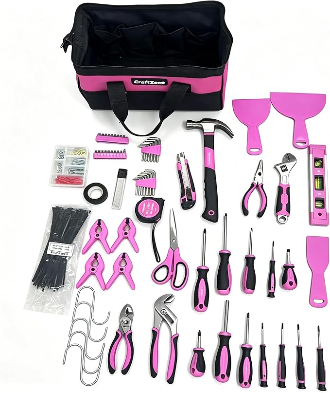 CRAFTZINE 231PCS Pink Tool Kit for Home and Auto Repair, Portable Tool Bag with Wide Mouth Storage | Mechanic Hand Tool Set for Women - Pink Ribbon Design | Pink Ribbon Design