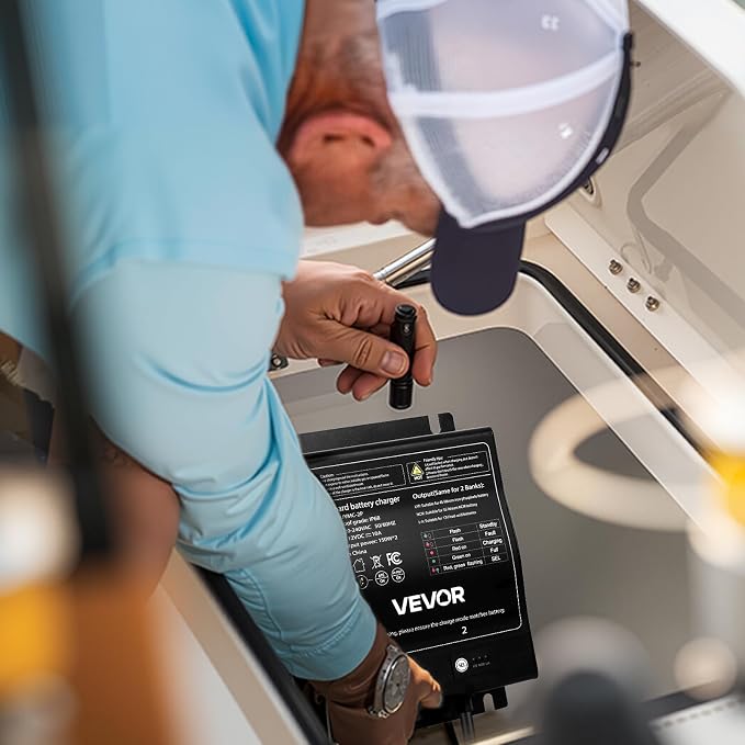 VEVOR 2 Bank Marine Battery Charger, 10A (10A/Bank) 12V Onboard Boat Charger, IP68 Waterproof Smart Battery Charger for Lithium LiFePO4, NCM, Lead-Acid Batteries, Large Boat, Yacht, RV, Trailer