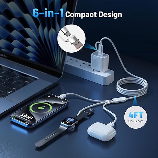 60W Fast Charging Cable for Apple Watch Charger, 6-in-1 Portable Multi Charging Cable for iPhone, Apple Watch Series 1–11/SE/Ultra, Travel Essentials