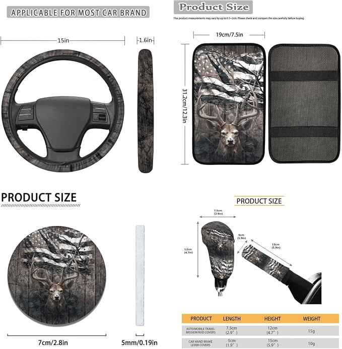 Lotusorchid 16 Pcs American Flag Deer Print Car Seat Covers Full Set with Steering Wheel Cover, Seat Belt Pad Center Console Cover Headrest Cover Gear Shift Knob Cover Car Coaster, Brown