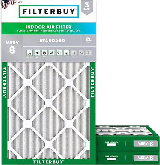 Filterbuy 8x20x2 Air Filter MERV 8 Essential Dust & Allergy Defense (3-Pack), Electrostatic Pleated HVAC AC Furnace Filters Replacement (Actual Size: 8.00 x 20.00 x 1.75)