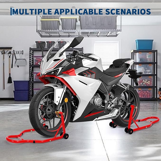 Garvee Motorcycle Stands Front and Rear, 900 LB Heavy Duty Front & Rear Wheel Lift Combo with Prong Adapters+L Adjustable Swingarm Spool, Universal Paddock Stands for Most Motorcycles, Red