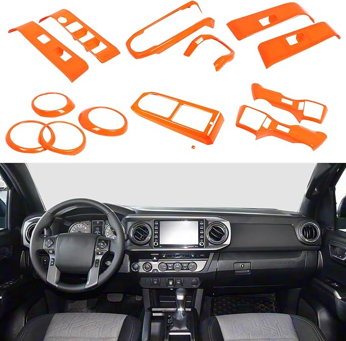 Lcojicep 14PCS Full Set Interior Decoration Trim Kit Compatible with Toyot@ Tacoma 2016-2022 Central Control Dashboard Frame Cover Shift Knob Cover Air Vent Trim Cover Window Button Cover (Orange)