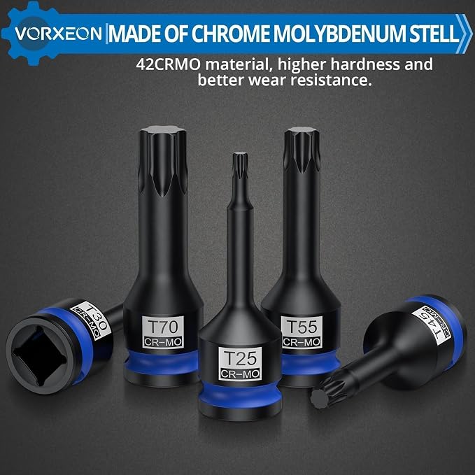 10 PCS 1/2" Drive Impact Star Bit Socket Set 42CRMO With Storage Case, Impact Torx Socket T25 T27 T30 T40 T45 T50 T55 T60 T70 T80