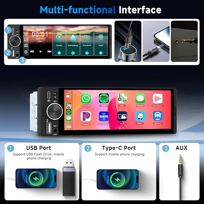 Upgrade Single Din Car Stereo, Wireless CarPlay Android Auto, 6.28'' Single DIn Touch Screen Car Radio with Backup Camera, Single Din Radio Supports Bluetooth 5.2, SWC, FM, USB, Type-C, Aux