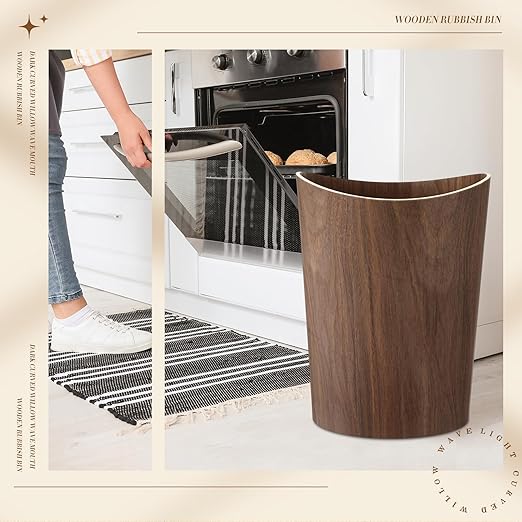 Threehoney 2 Pack 2.3 Gallons Wood Trash Can Wastebasket Natural Wood Round Wastebasket Small Trash Bin for Home, Office Under Desk, Kitchen, Bedroom, Den, Hotel, Room (Dark Wood,Wavy)