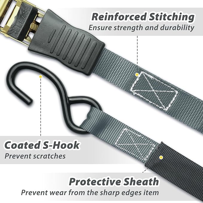 Ohuhu Ratchet Tie Down Strap 15 Ft - 500 lbs Load Cap with 1500 lbs Breaking Limit, Ratchet Tie Downs Logistic Cargo Straps for Moving Appliances, Motorcycle (Grey, 8-Pack)