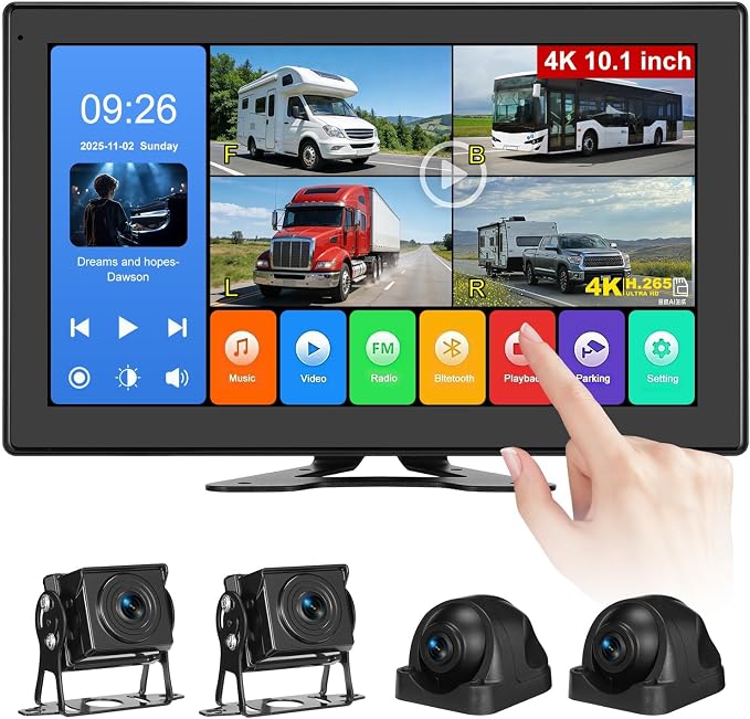 10.1 Inch 4K Touch Screen Wired RV Backup Camera System | 1080P IP69 Waterproof Camera, 4CH DVR Loop Recording & Bluetooth. For Semi Truck, Trailer, Camper, Pickup, Bus, RV