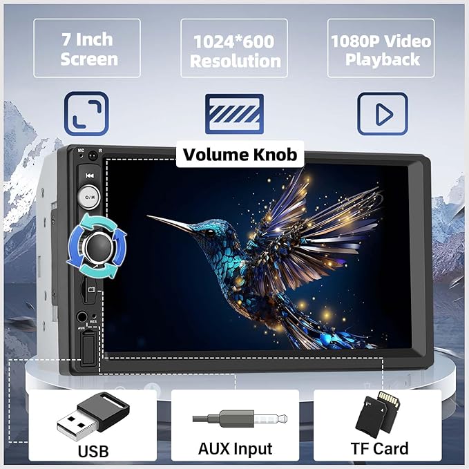 Double Din A-pple CarPlay Car Stereo with Carplay Android Auto,Bluetooth,7" HD Touchscreen 2 Din Car Radio Car Multimedia MP5 Player AUX/USB/TF Card Input Mirror Link,FM,SWC+12 LEDs-Backup Cam Mic USB