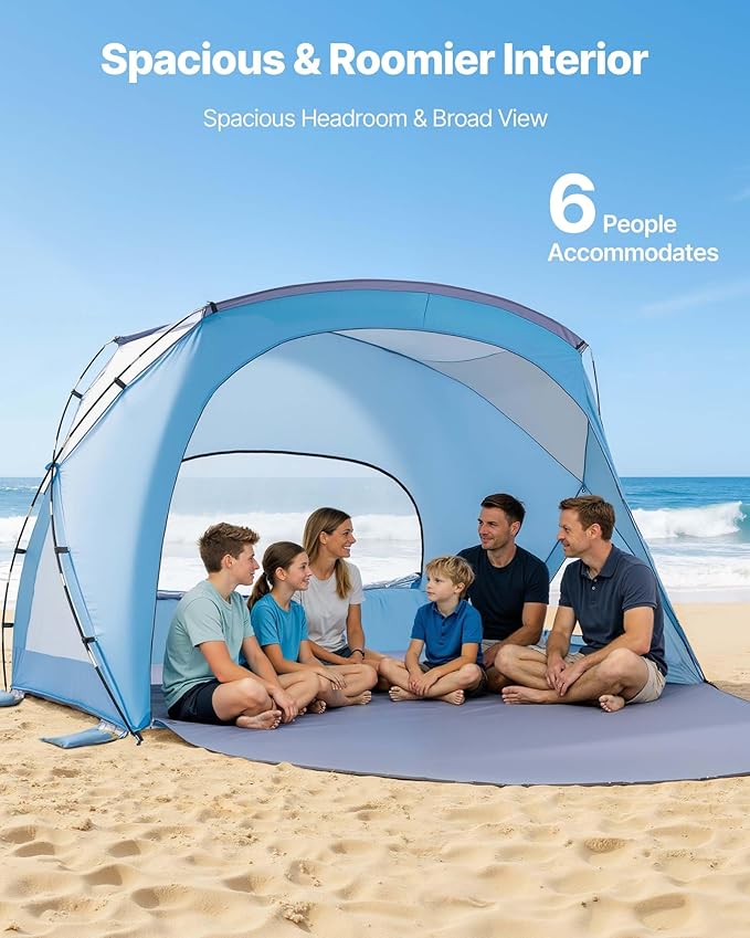 VEVOR Beach Tent Sun Shelter for 6 Person, UPF 50+, Portable Sun Shade Beach with Carrying Bag & Sand Pockets, Lightweight and Easy Setup Beach Umbrella for Family Camping Outdoor Picnic