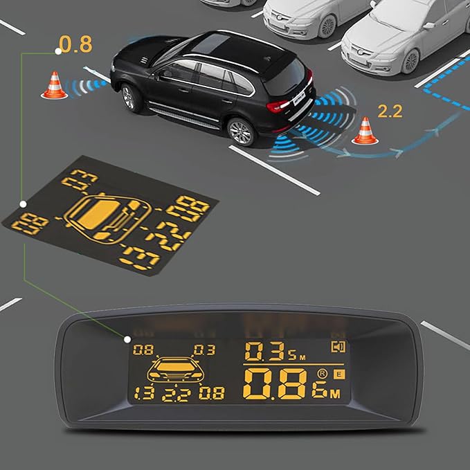 Front & Rear 8 Parking Sensor Kit with LCD Display Parktronic 22mm Probes Reverse Backup Radar System Distance Detection Sound Warning for Vehicle car SUV