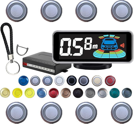 Backup Parktronic System Car Auto Vehicle Reverse with 8 Parking Sensors kit, LCD Display, Distance Detection (Meter/Foot Switchable), Buzzer Alarm and Voice Prompt Function（Silver