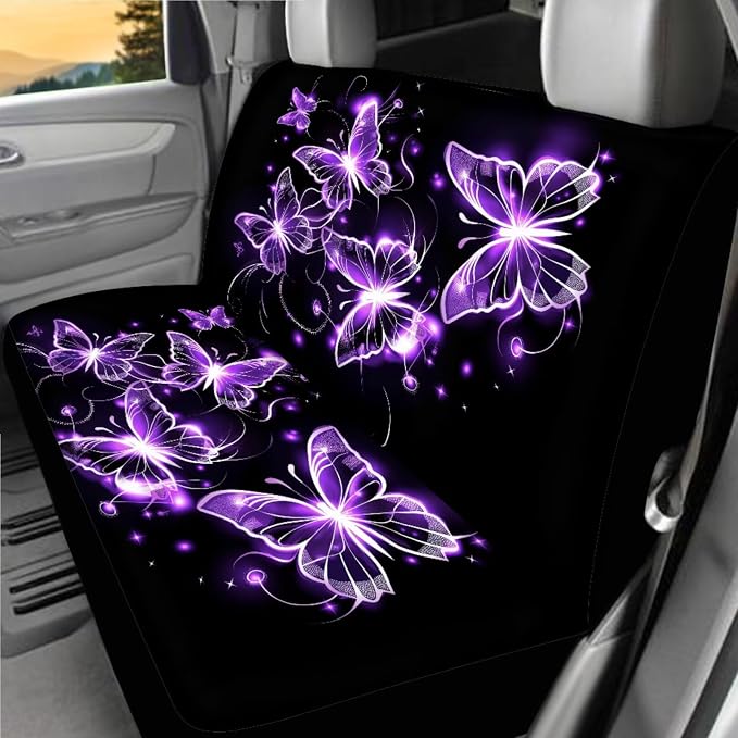 Butterfly Car Seat Covers Full Sets of 18 Pcs Purple Butterfly Car Interior Accessories Set with Steering Wheel Cover Car Trash Can Car Headrest Covers Belt Pads Cover Armrest Pad for Women