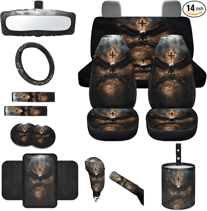 14Pcs Car Seat Covers Full Set Eagle Fire Cross Print Car Front Back Seat Covers with Steering Wheel Cover Armrest Cushion Safety Belt Pads Rearview Mirror Cover, Easy to Install