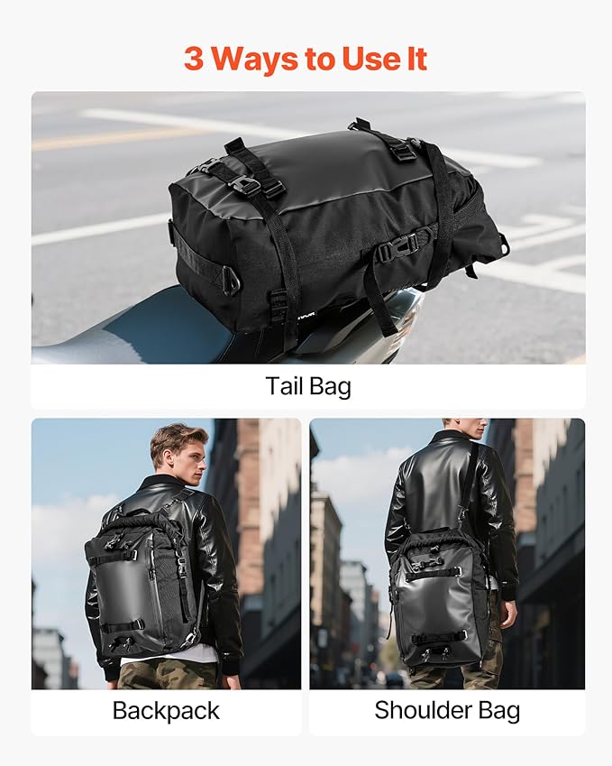 VEVOR Motorcycle Tail Bag, 30L Motorcycle Rear Seat Bag with Waterproof Rain Cover, Outdoor Sports Motorbike Luggage Storage Trunk Rack Backpack with Shoulder Straps, Universal Fit Rear Racks, Black
