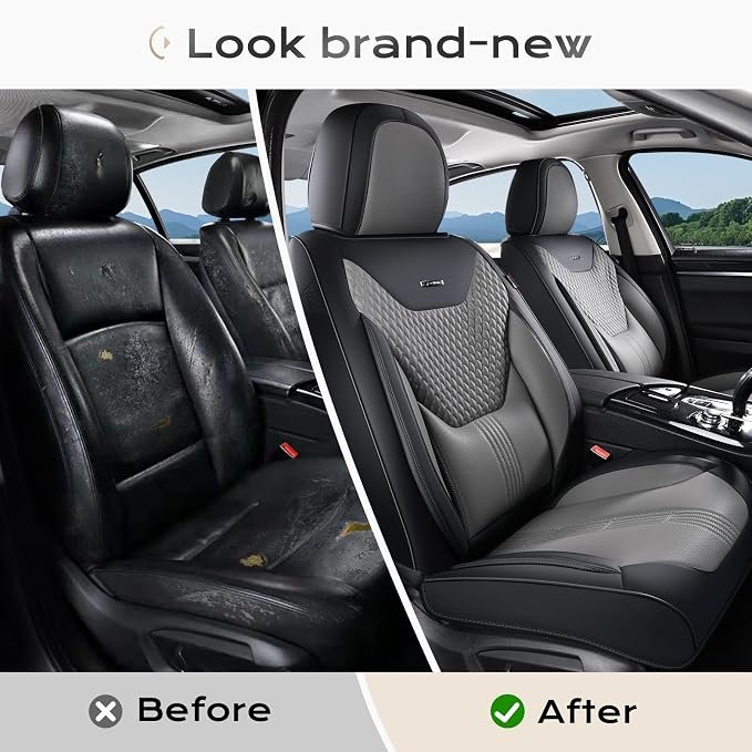 Coverado Car Seat Covers with Lumbar Support, Front Covers for Cars, Universal Automotive Seat Cover, Waterproof, Leather Car Seat Cushion, Interior Seat Protectors for Most Cars