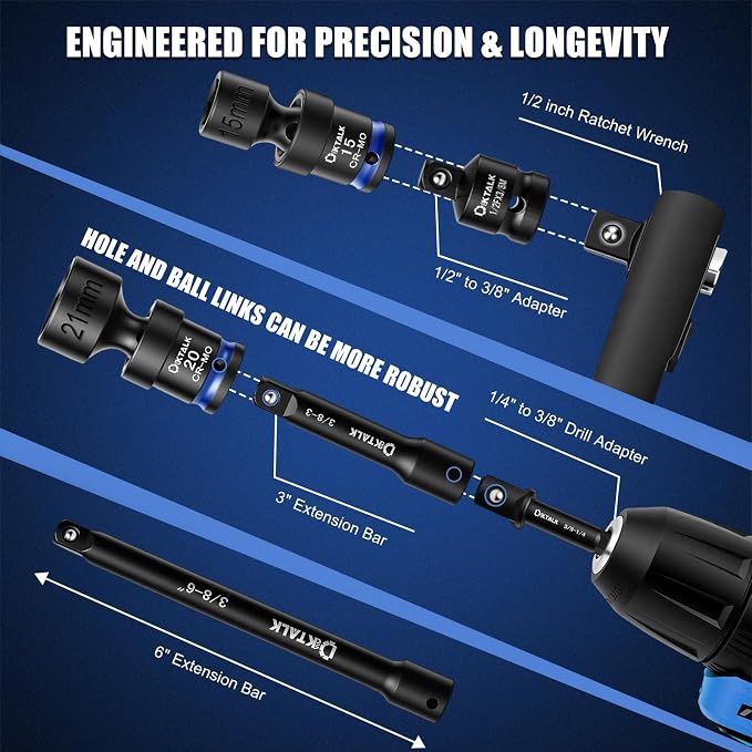 Professional 3/8" Drive Universal Impact Swivel Socket Set, 19-Piece Metric Wobble Socket Set (8-22mm) with Extensions Bars & Socket Adapters, Drill Bit Adapter, Cr-Mo Steel