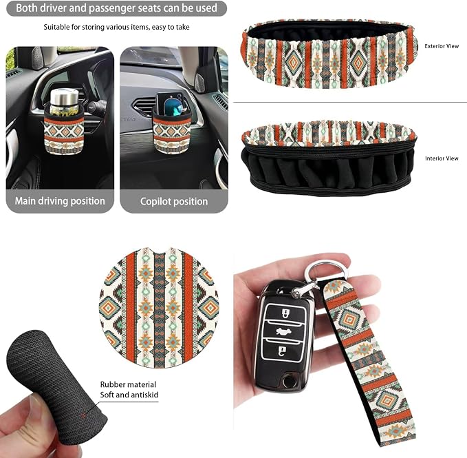 XYZCANDO Ethnic Tribe Auto Seat Cover Sets 15 PCS Car Seat Cover Set Car Rear View Mirror Cover Steering Wheel Cover Seat Belt Pads Cover Garbage Bag Storage Box Coasters Keychain Fit Most Cars