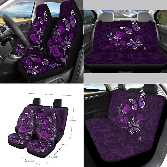 Butterfly Rose Print Car Interior Covers Full Set of 15 Decorative Car Front Rear Seat Covers Steering Wheel Cover Safety Belt Pads Rearview Mirror Cover Garbage Bag Keychain