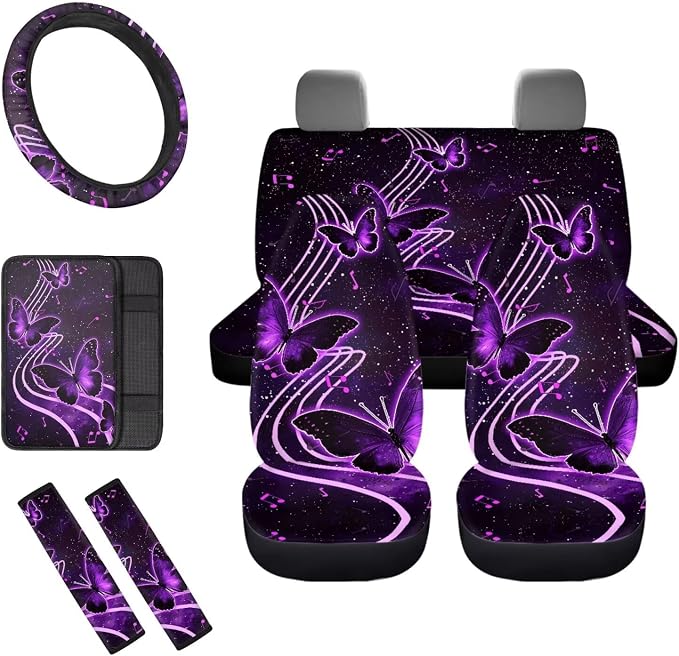 8 Pcs Music Butterfly Car Seat Covers Full Set Car Accessories for Women Front Seat Cover Steering Wheel Armrest Cover Seat Belt Cover for Auto SUV Interior Decoration