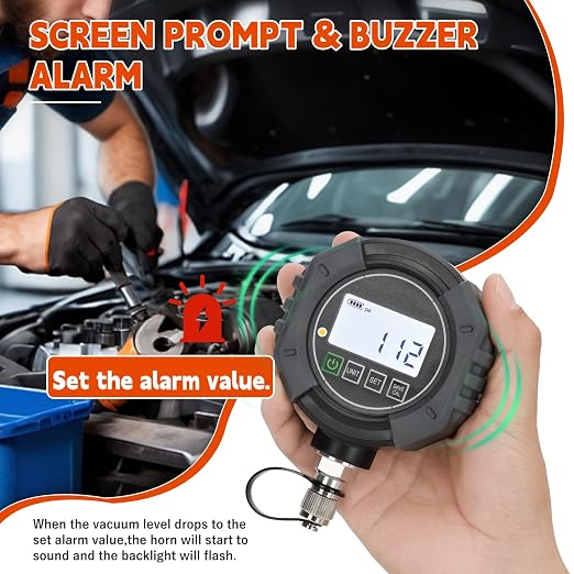 Pro Digital Vacuum Gauge, HVAC Pressure Tester with Alarm， HVAC Micron Gauge 0-75,000 Microns, 7/16-20 UNF, 1/4 inch SAE, Temp Compensation, LCD Backlit Display