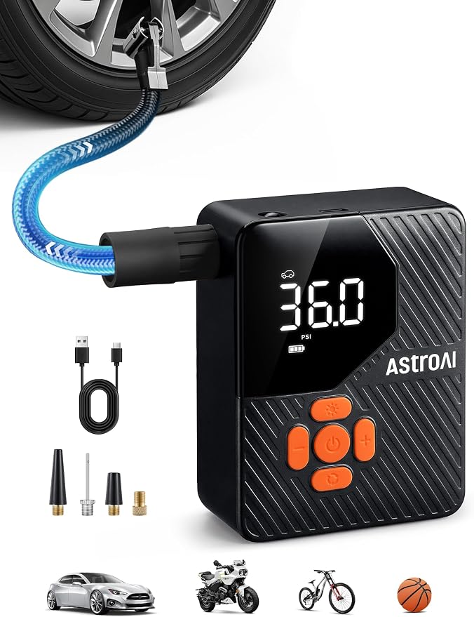 AstroAI 150 PSI Tire Inflator Portable Air Compressor L7 Mini | Fast Inflation, Cordless, Air Pump with LED Light &Pressure Gauge, Auto Shut-Off, for Cars, Motorcycle, Bicycle, Ball, Orange