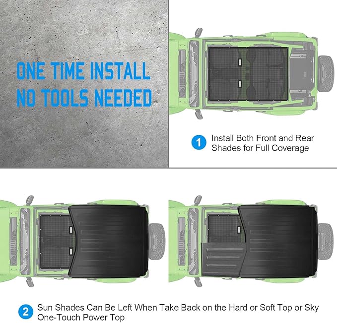 JL Top Sun Shade Roof Compatible with Jeep Wrangler 2 or 4 Door 2018 to 2023 Sunshade Sunroof Cover Blocks UV Wind Noise Black Mesh for Full Length
