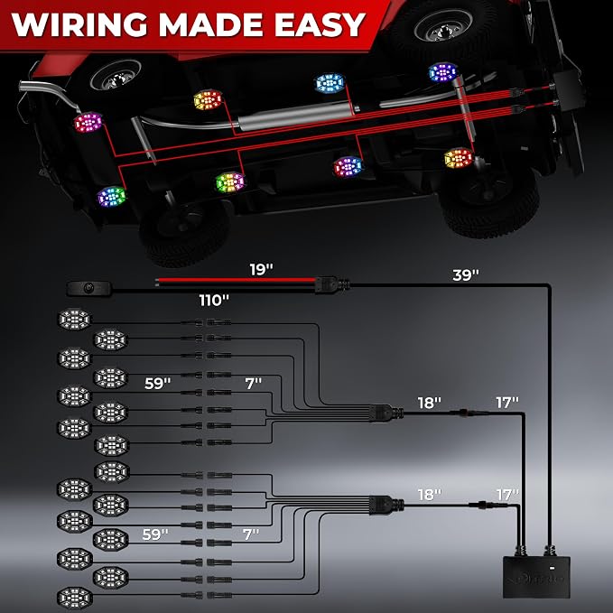 16 Pods 9 Sides RGB Rock Lights, App/2 Remote Control Led Underglow Lights Compatible with 12V Trucks Jeep UTV ATV Golf Cart, Brake Signal, Waterproof, Music Mode, Plug and Play, Multi-Color(Patented)