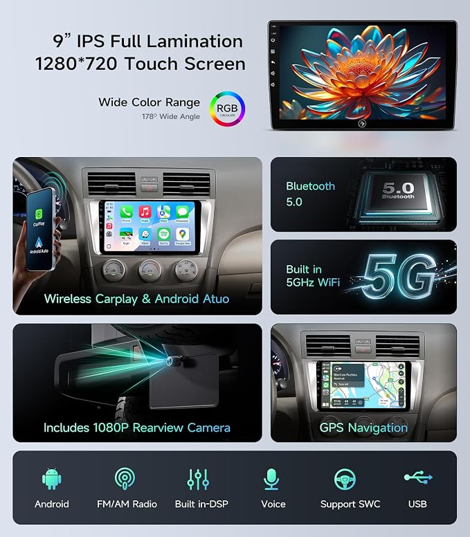 5G WiFi Android Car Stereo for Toyota Camry 2006 2007 2008 2009 2010 2011, 9 Inch IPS HD Touch Screen Car Radio Wireless CarPlay Android Auto, GPS FM/SWC Bluetooth 1080P Backup Camera
