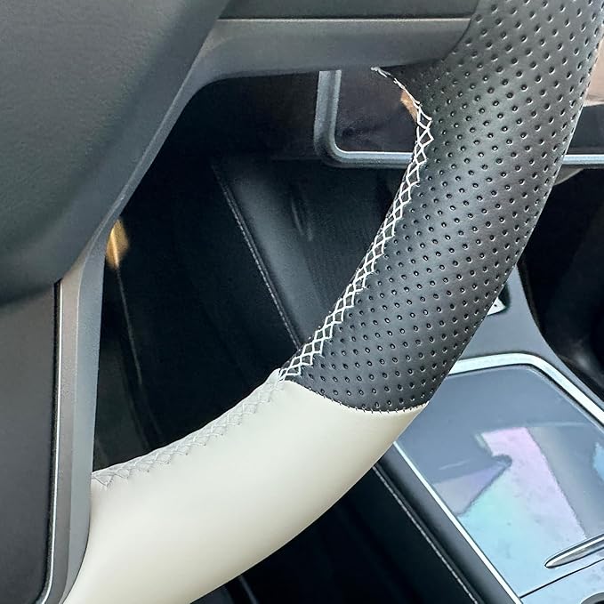 MEWANT DIY Hand Stitch Steering Wheel Cover for Tesla Model Y Model 3 Black Beige Faux Leather Steering Wheel Wrap