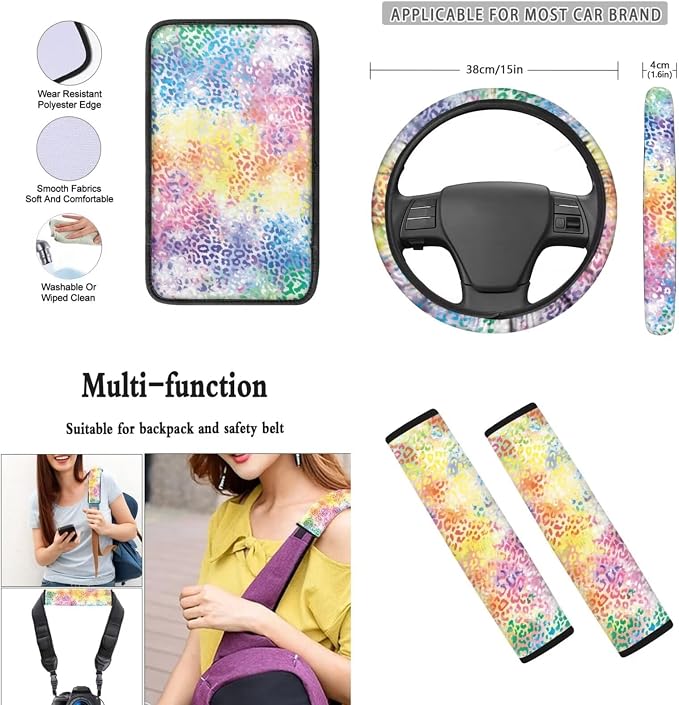 Mumeson Tie Dye Leopard 8 Pack Auto Accessories Set Music Note Car Seat Covers Full Set with Seat Belt Pads Shoulder Cushion + Steering Wheel Cover + Armrest Cushion