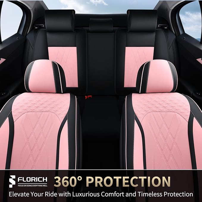 FLORICH Automotive Seat Covers Leather Pink Seat Covers for Cars Front Seats Waterproof Breathable Car Seat Cushion Comfort Interior Covers Universal Fit for Most Car Truck SUV Driving, Black&Pink