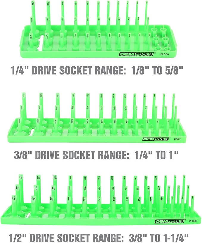 OEMTOOLS 22337 3-Post SAE And Metric Socket Tray Set, 6 Piece, Deep, Shallow, And Impact 3 Row Socket Organizer for Tool Box Drawer, 1/4, 3/8 and 1/2 Inch Drive, SAE And Metric, Black, Green