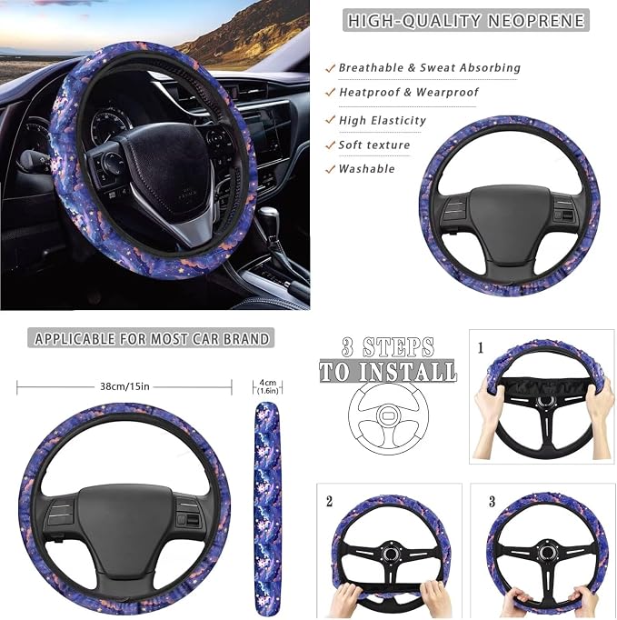 Xoenoiee Cute Axolotl Galaxy Print 11 Pcs Car Accessories with Front & Rear Auto Seats Covers, Steering Wheel Cover, Seat Belt Pads, Cup Coaster, 2 Pcs Keyrings - Universal Fit